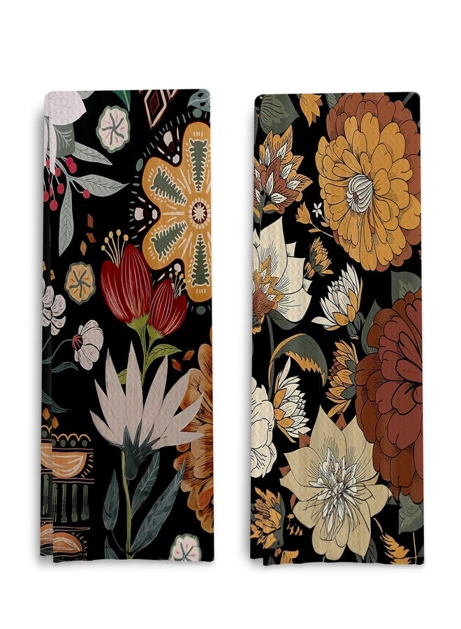 Qpenm Abstract Floral Kitchen Dish Towels - Vintage Waffle Weave Kitchen Towels, Retro Flower Waffle Weave Decorative Kitchen Towels, Boho Hand Towels for Bathroom (16×24 Inches) - Image 1